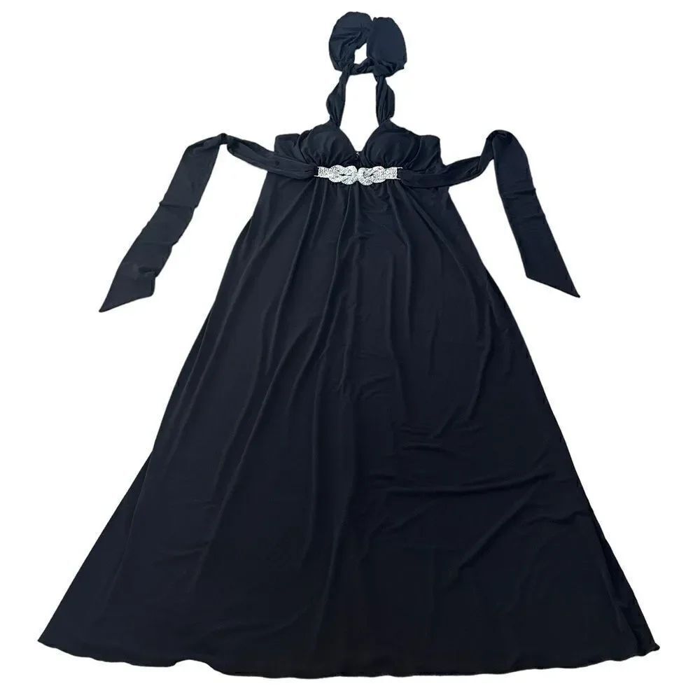 XOXO Black Jersey Tie Around Neck Evening Long Maxi Dress LARGE